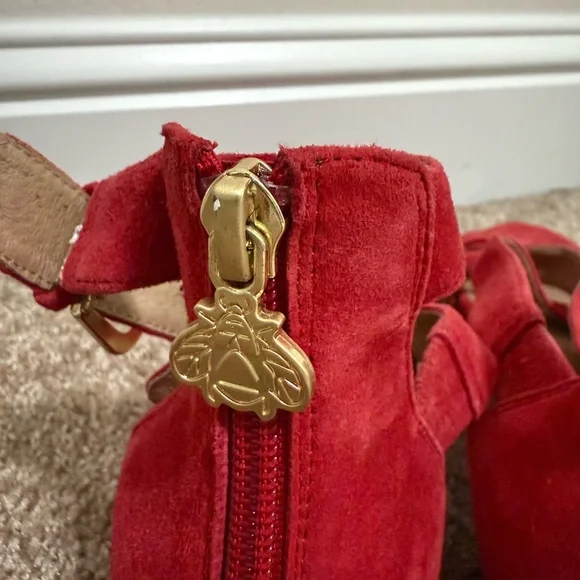 Bettye Muller Red Suede Sandals | Block Heel w/ Double Buckle & Zip | 1.5” Heel - Picture 4 of 9